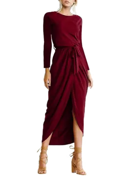 a woman wearing a burgundy dress with long sleeves