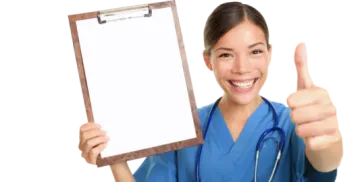 a nurse holding a clipboard and giving a thumbs