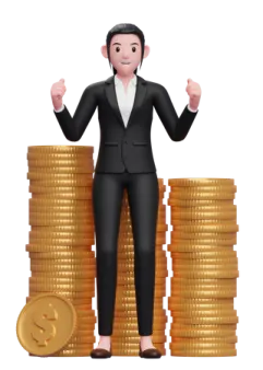 a man in a suit standing next to stacks of coins