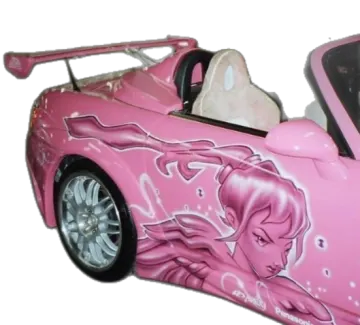 a pink toy car with a cat on it