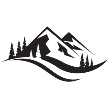a black and white silhouette of mountains with trees