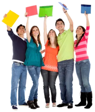 a group of young people holding up books