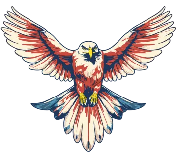 a red, white and blue bird with wings spread