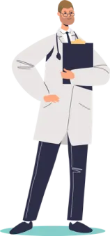 a man in a lab coat holding a clipboard
