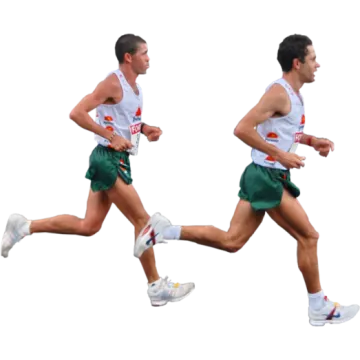 two men running on a white background