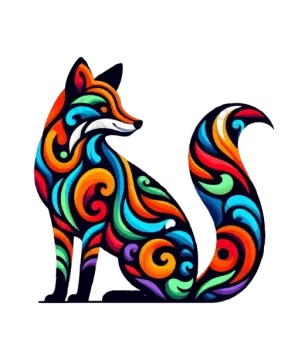 a colorful fox sitting on a white background