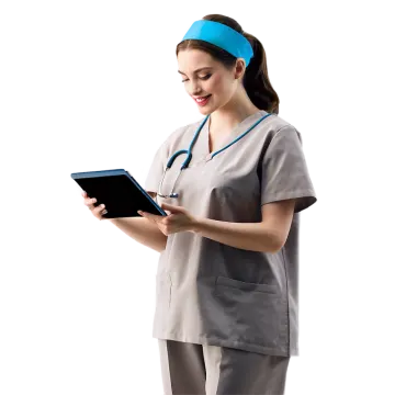 a woman wearing scrubs and holding a tablet