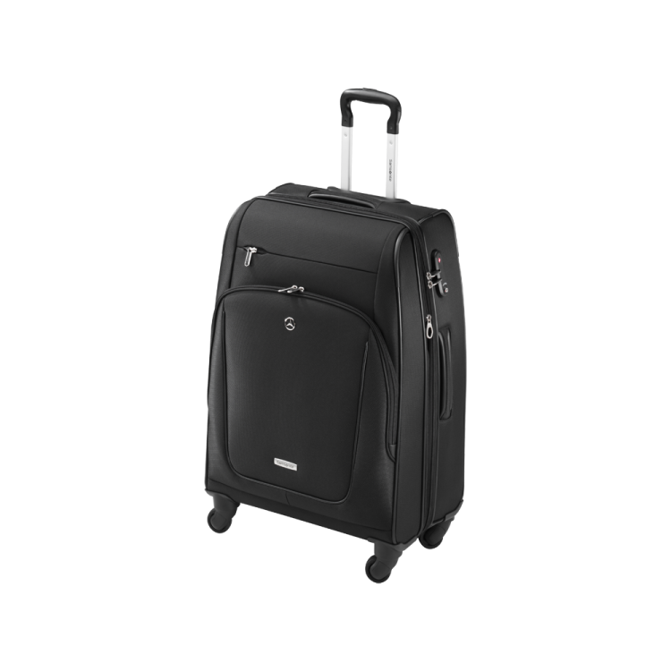 a black suitcase with wheels on wheels