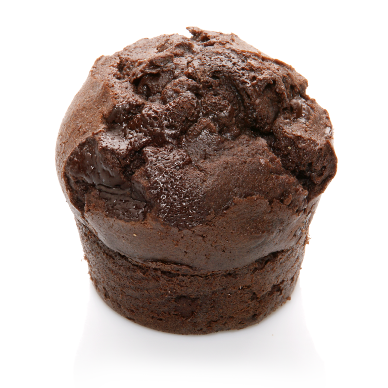 a chocolate muffin on a white background