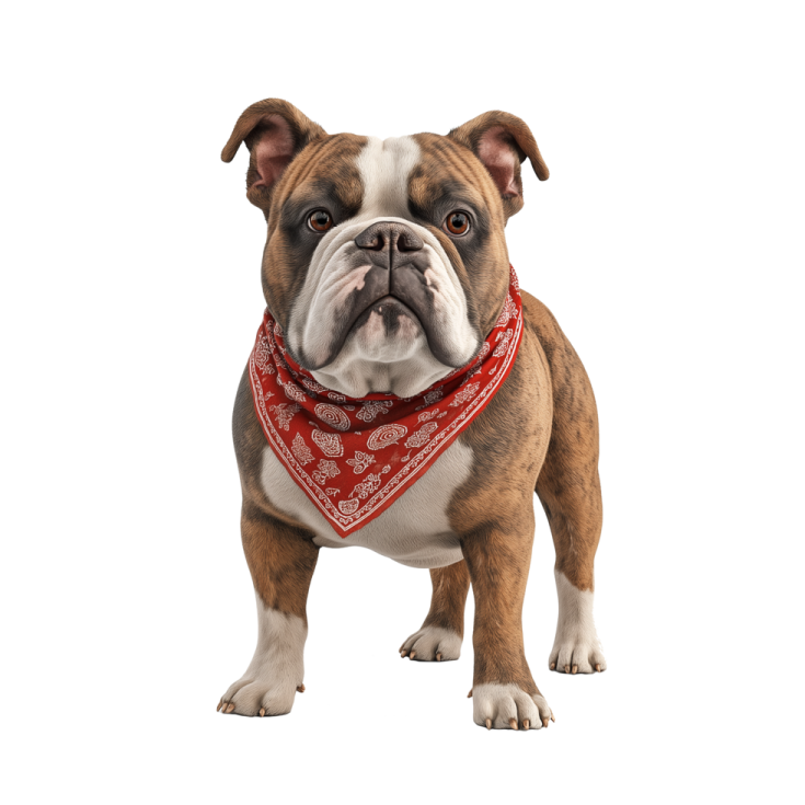 a brown and white dog wearing a red banda