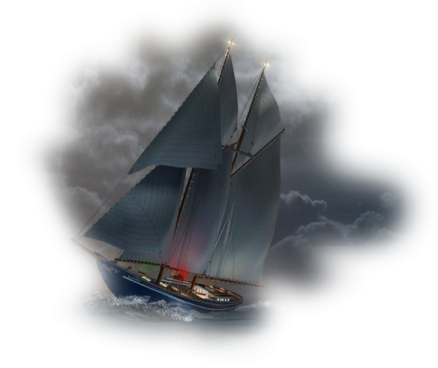 a sailer in the ocean with clouds behind it
