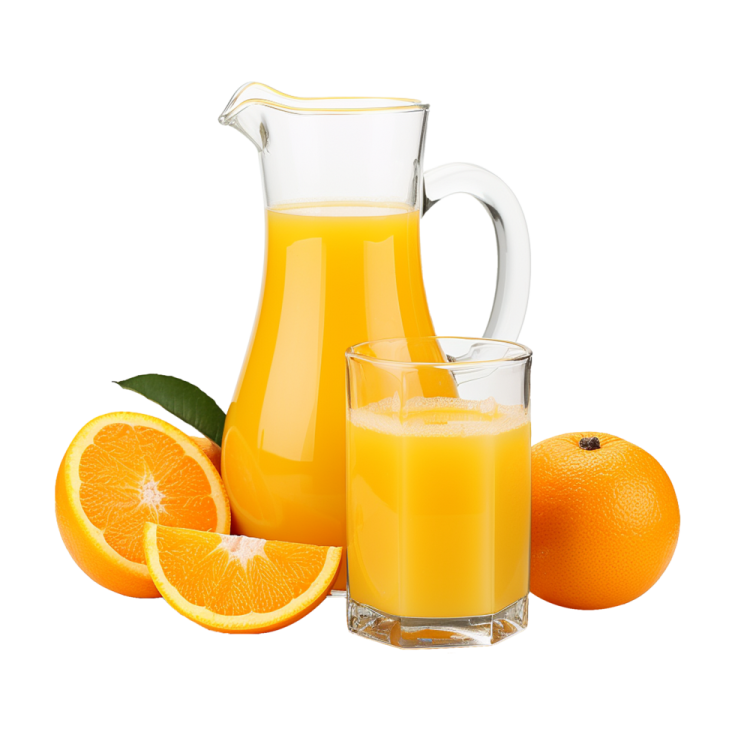 a pitcher of orange juice next to some oranges