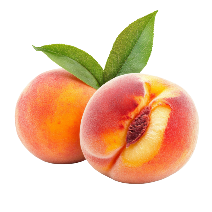 two peaches with a green leaf on top