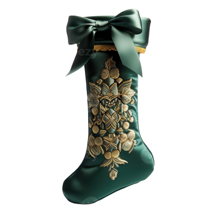 a green christmas stocking with gold flowers and leaves