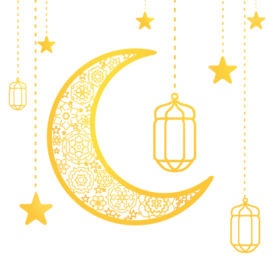 a crescent with lanterns and stars hanging from it