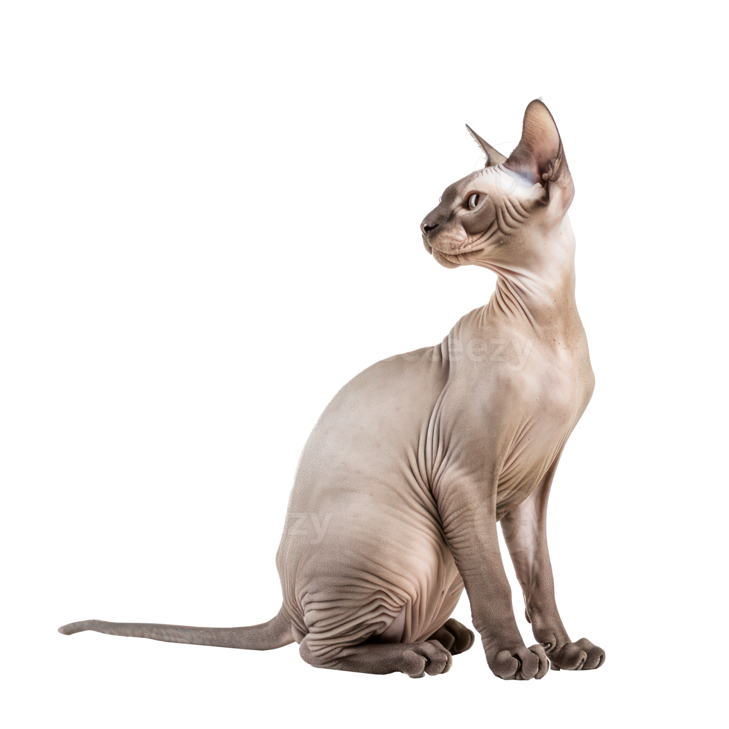 a hairless cat sitting on a white background