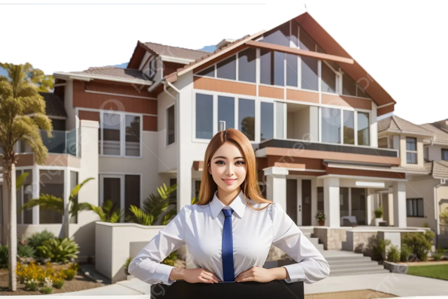 a business woman standing in front of her house