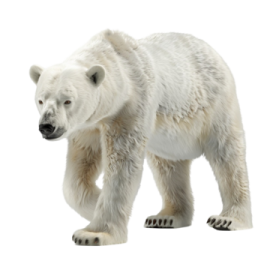 a polar bear walking across a white background