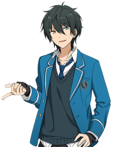 an anime character in a blue jacket and white shirt