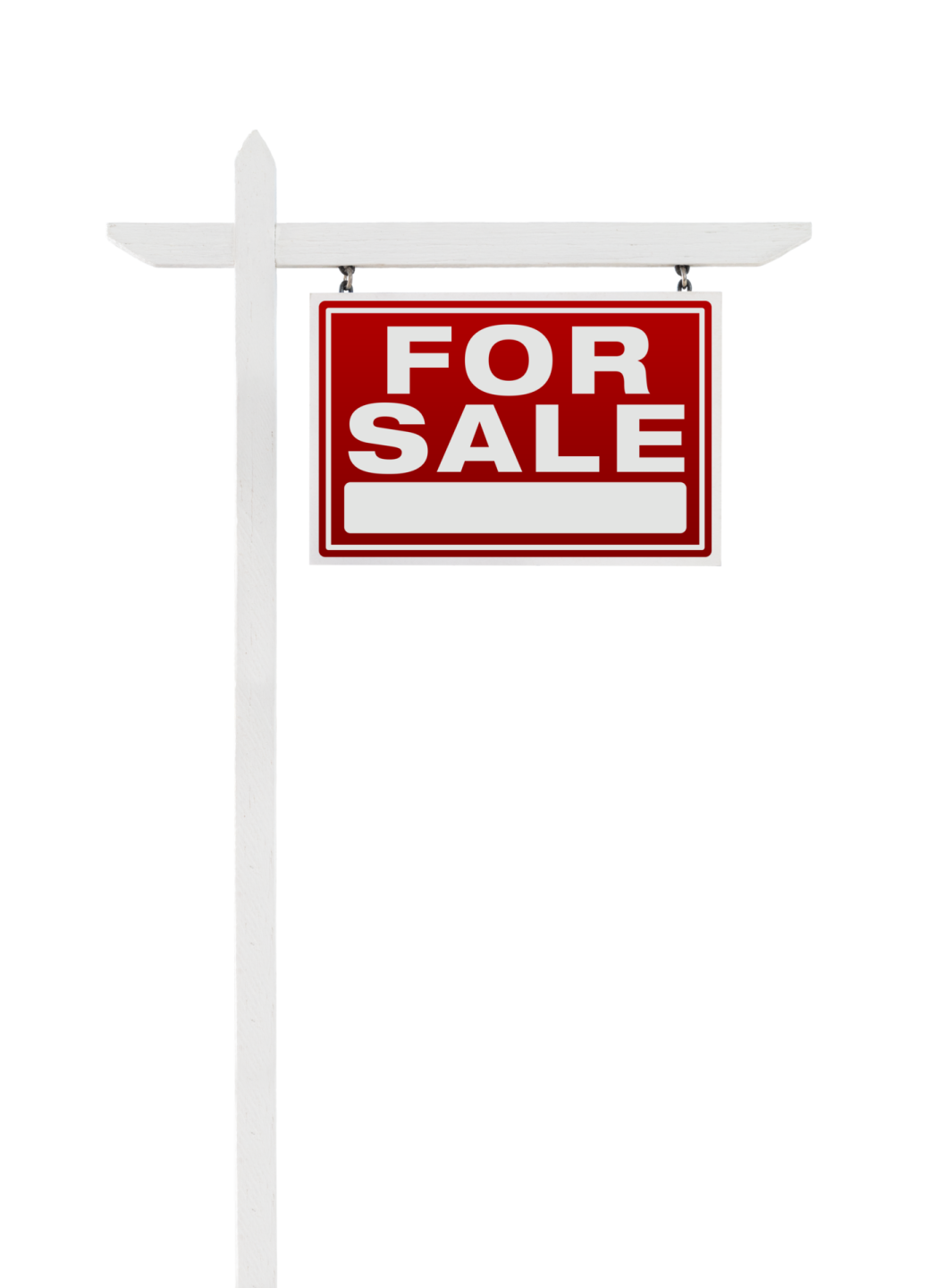a red and white for sale sign on a pole