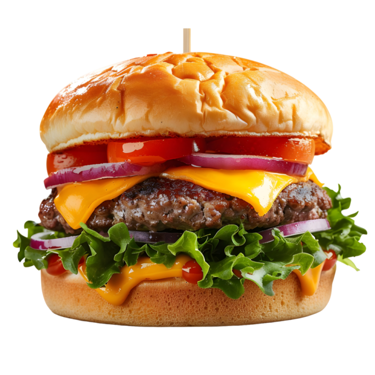 a hamburger with cheese, tomato and onions