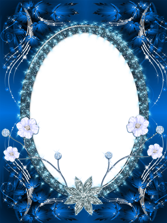 a blue floral frame with white flowers and butterflies