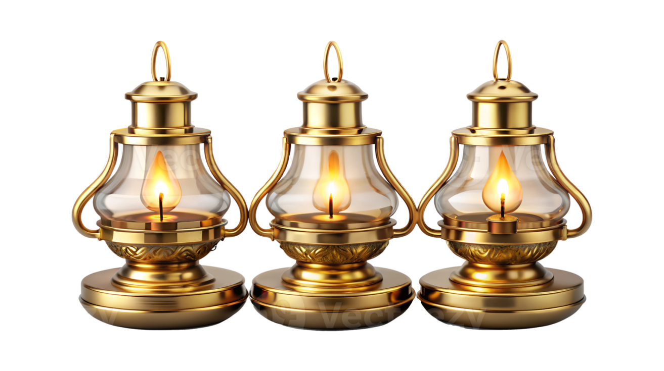 three golden oil lamps on white background