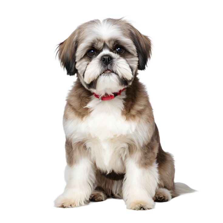 a small brown and white dog with a red collar