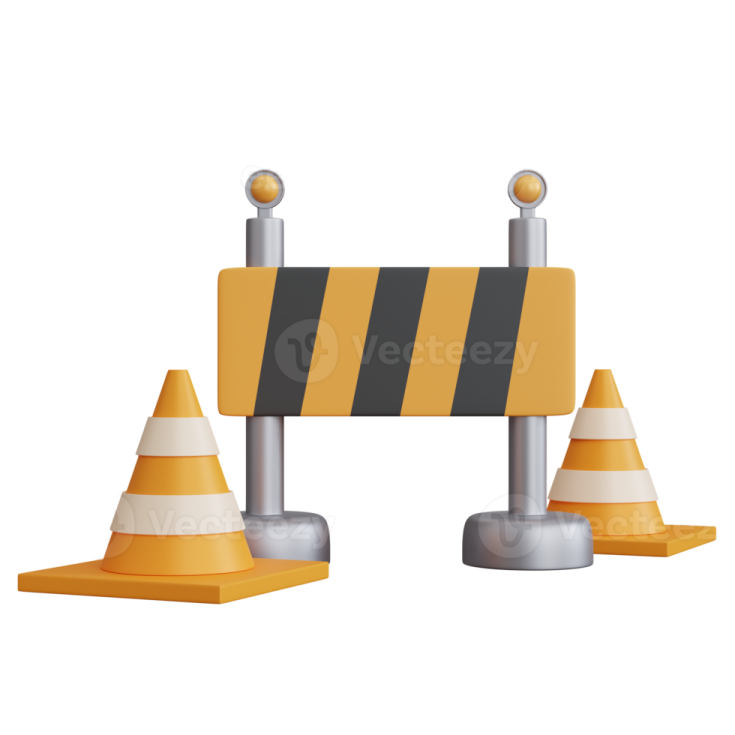 a yellow and black barrier with two cones