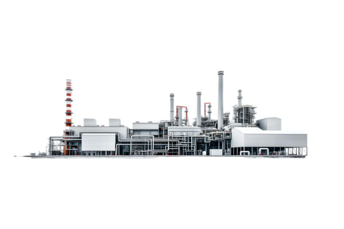 an industrial factory building on a white background