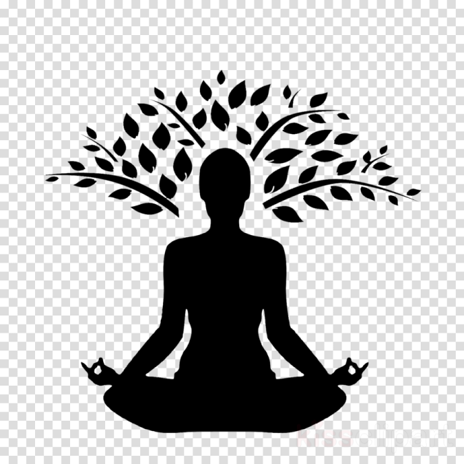a black and white silhouette of a person sitting in a lotus position with leaves on their head