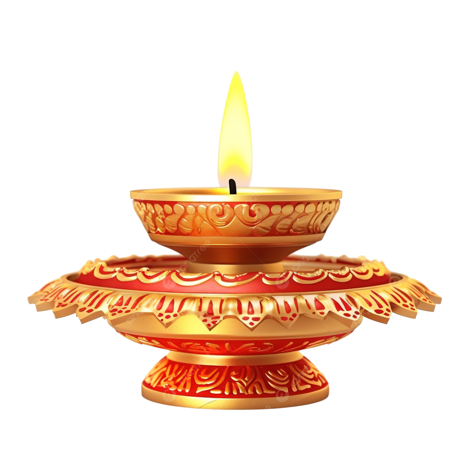 a red and gold oil lamp on a white background