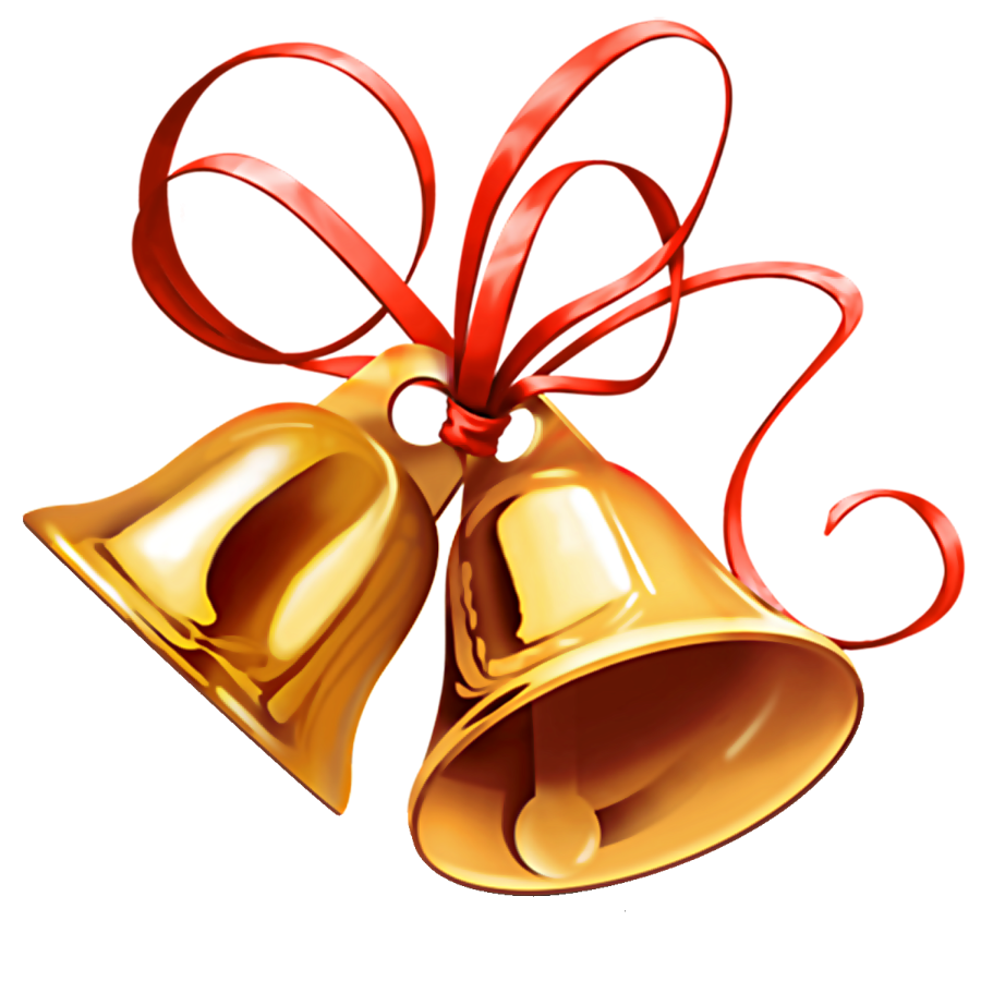 a golden bell with a red bow