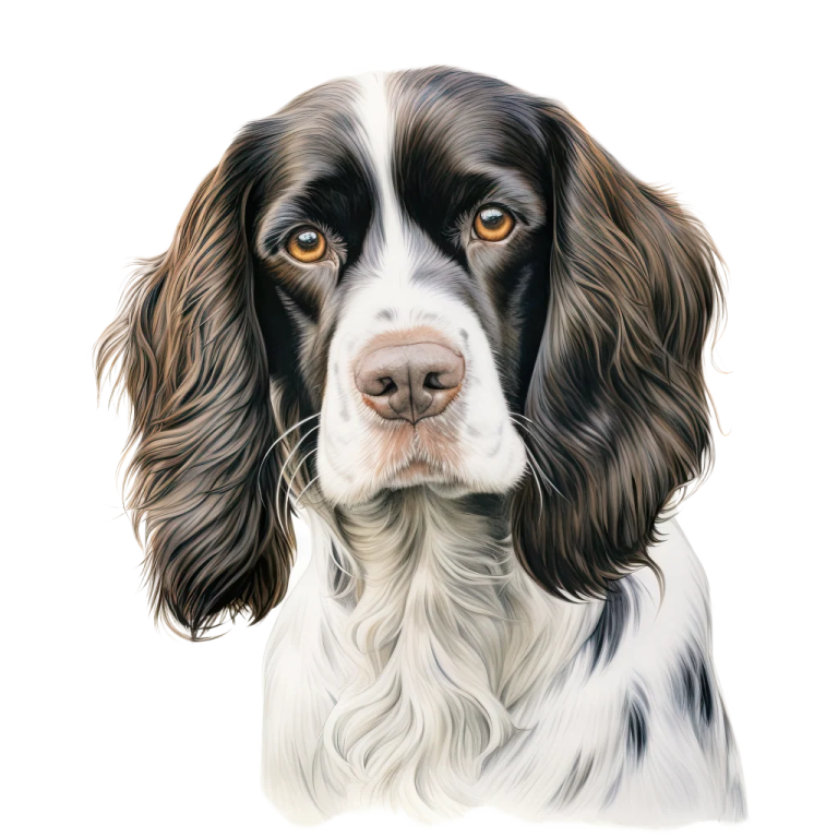 a black and white dog with brown eyes