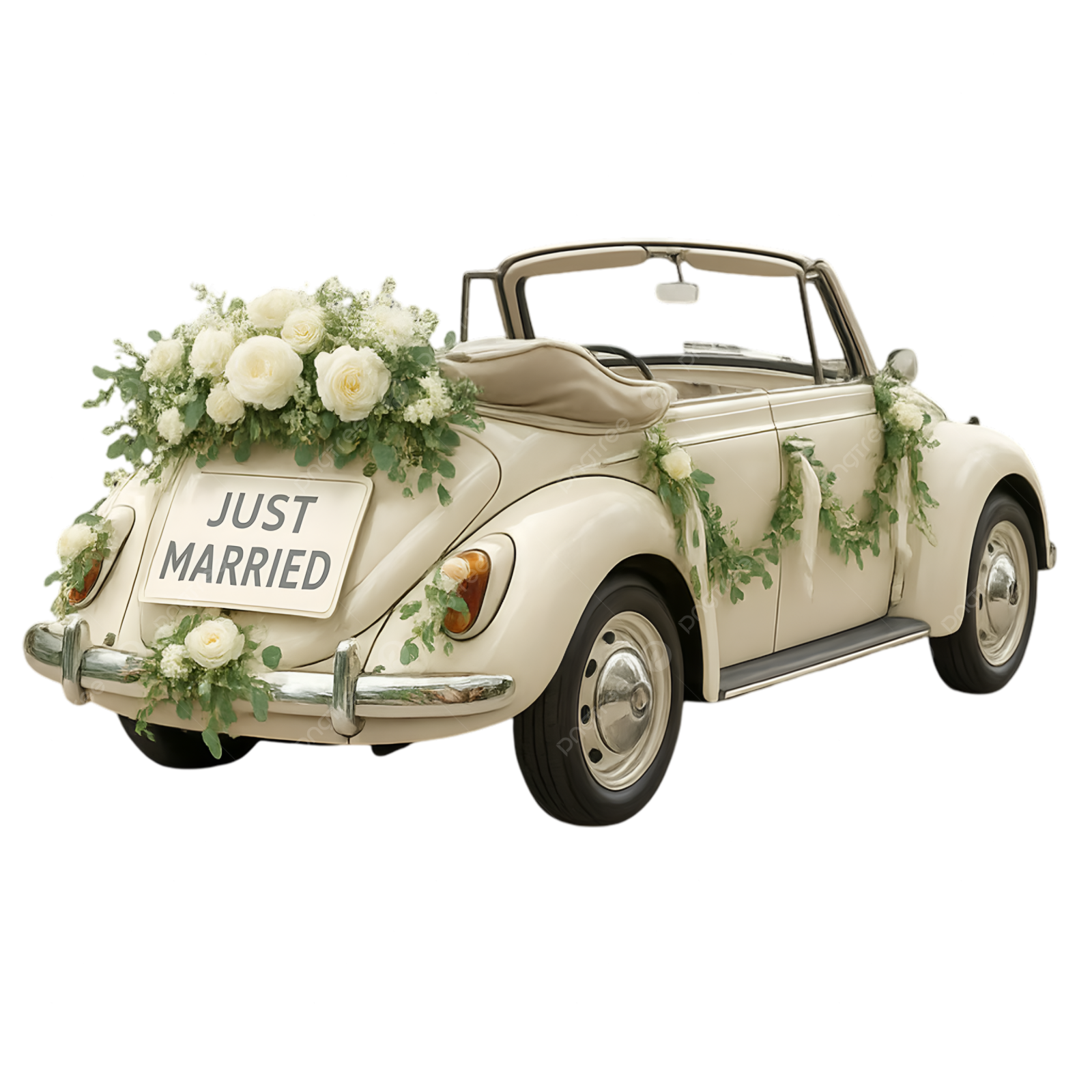a wedding car decorated with white flowers