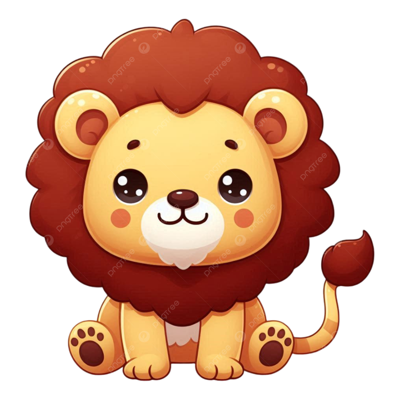 a cute cartoon lion sitting down and looking at the camera