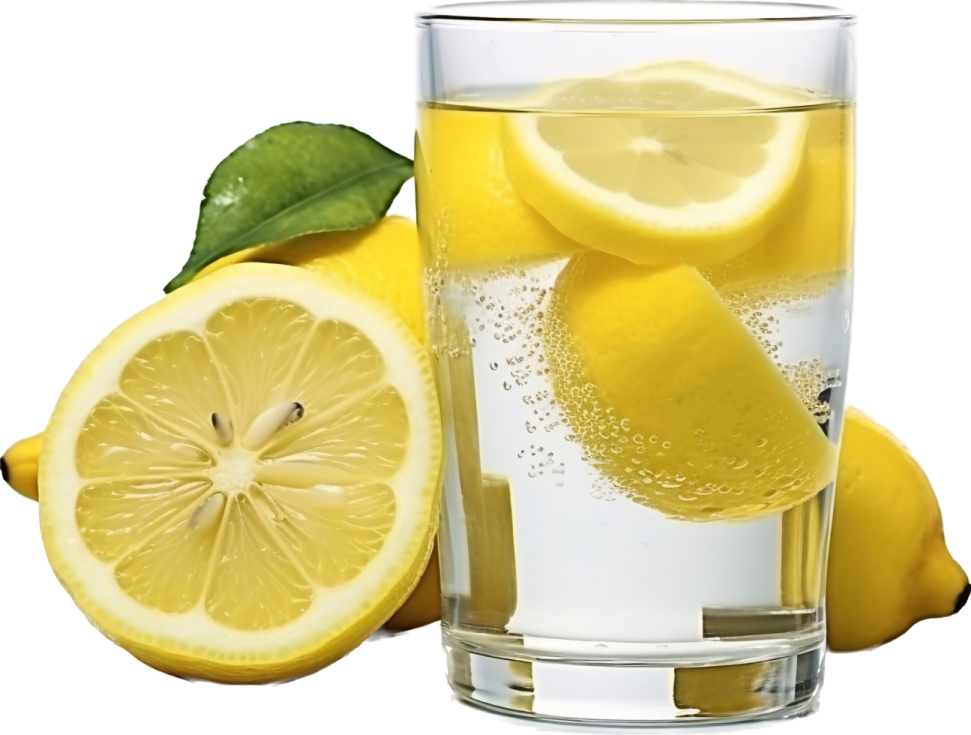 a glass of lemon water next to sliced lemons