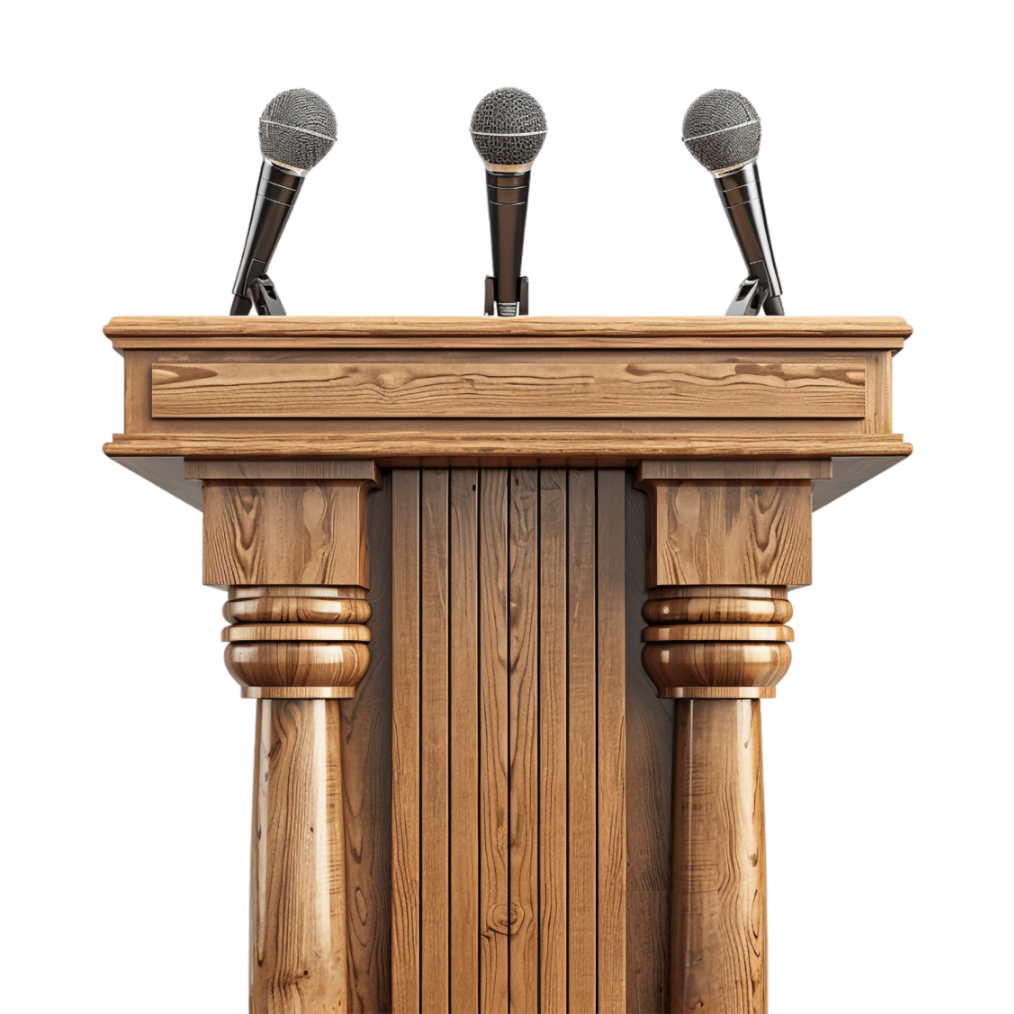 a wooden pulpit with two microphones on top