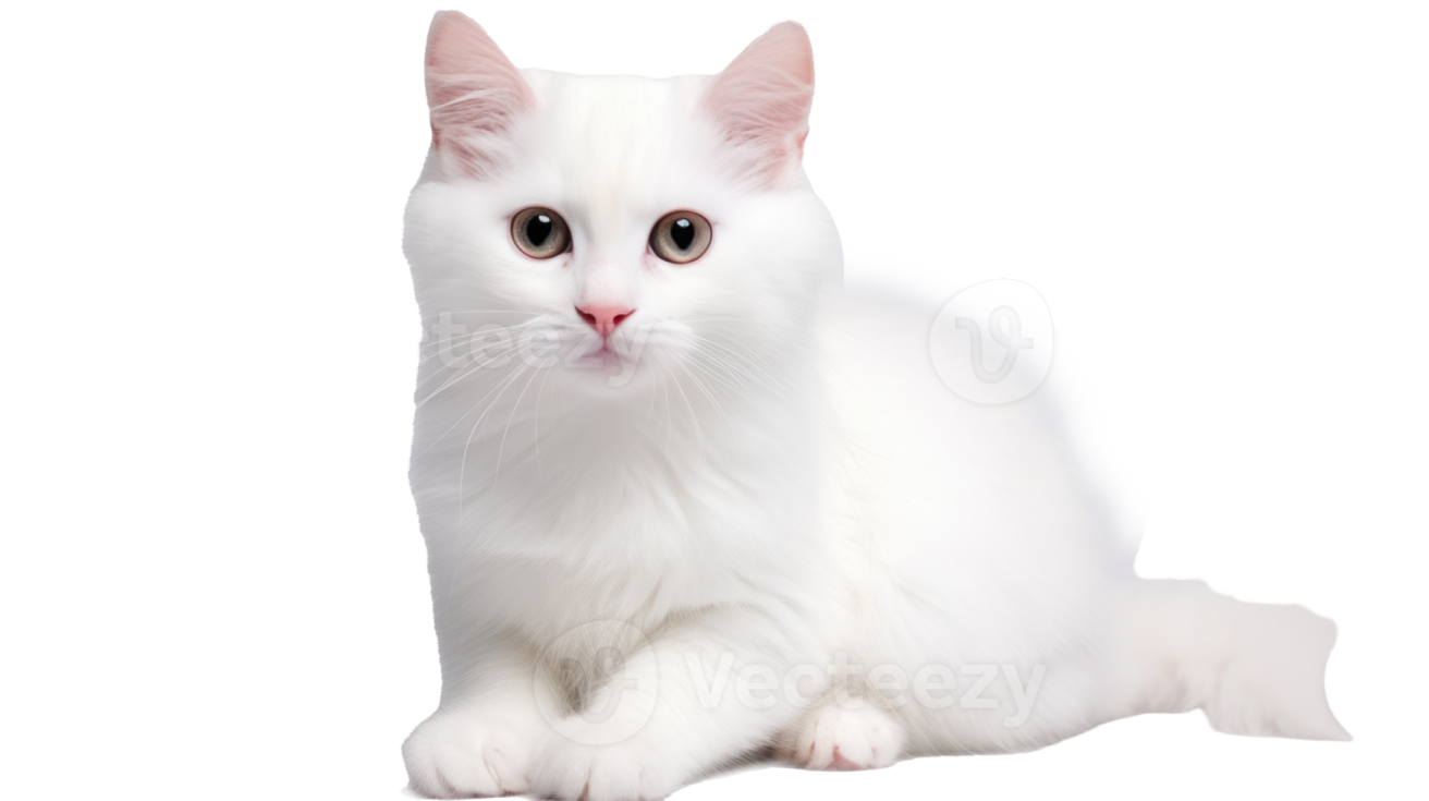 a white cat with green eyes laying down