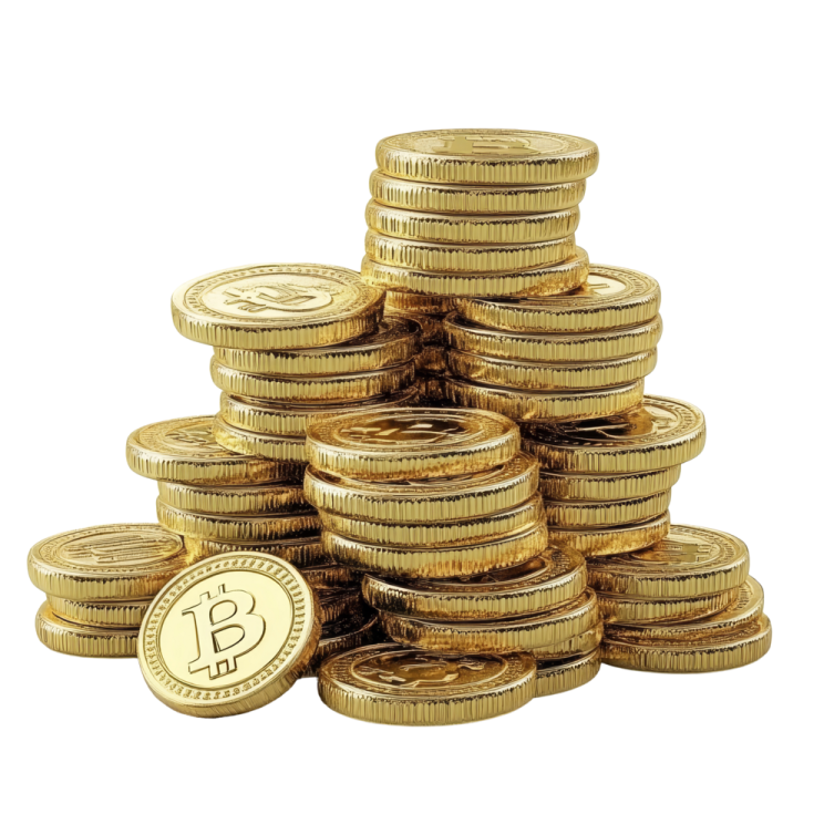 a pile of gold coins on a white background