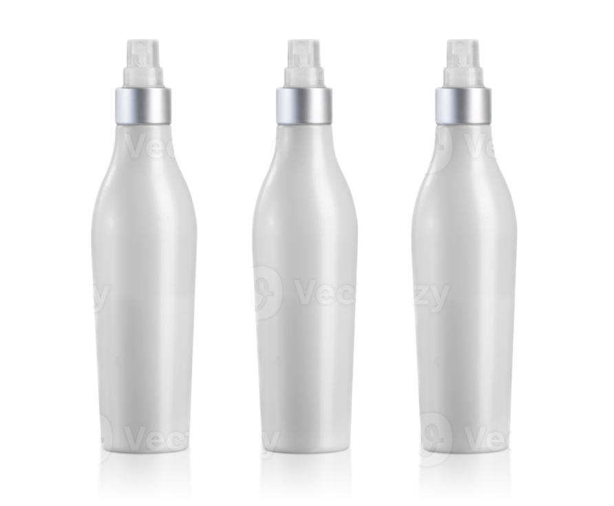 a set of three white plastic bottles with silver caps