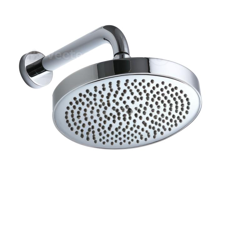a chrome shower head with black dots on it