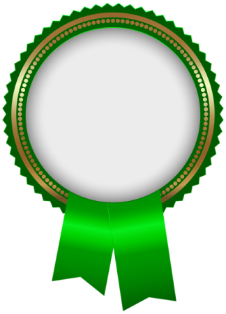 a green rosette with a gold border
