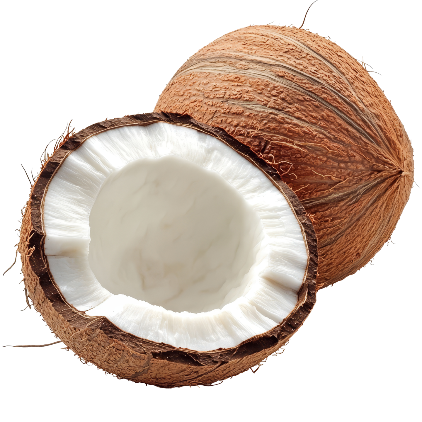 two halves of coconuts on a white background