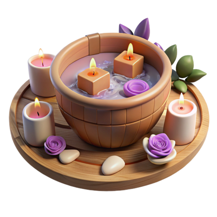a wooden bowl filled with candles and flowers