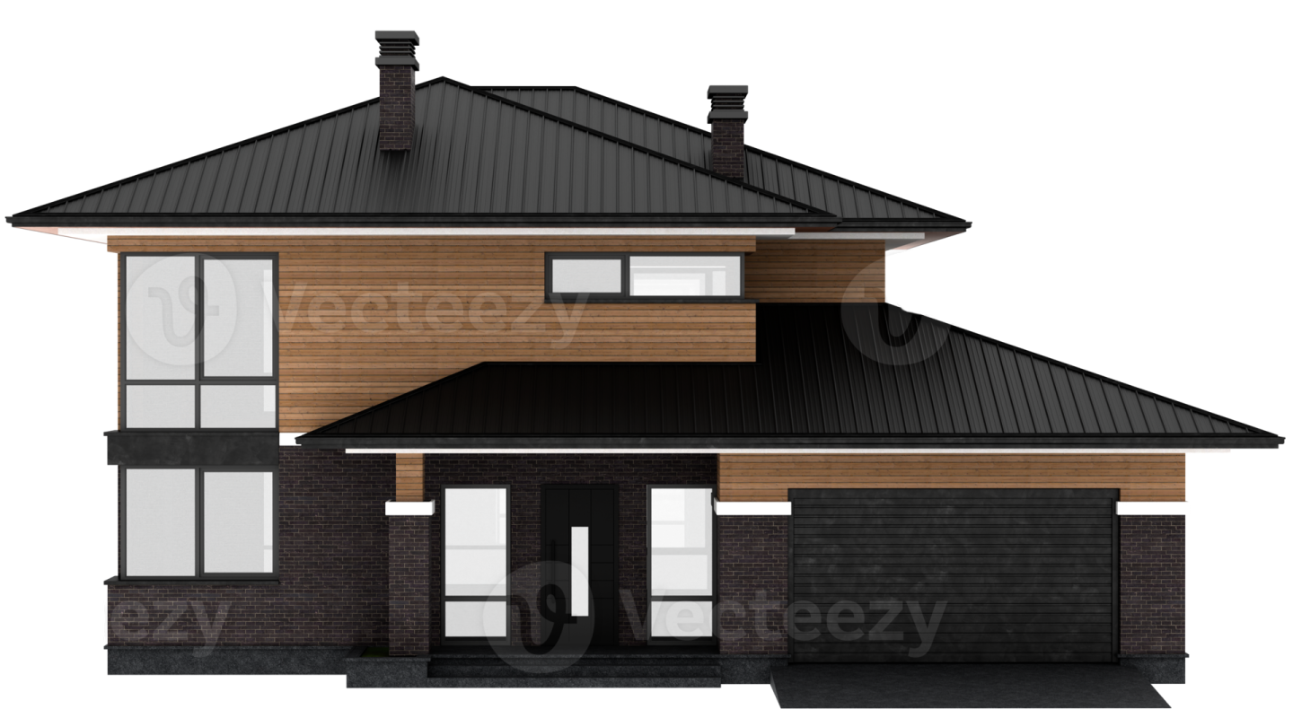 a two story house with a black roof