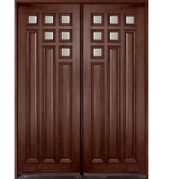 a mahogany double door with glass panels