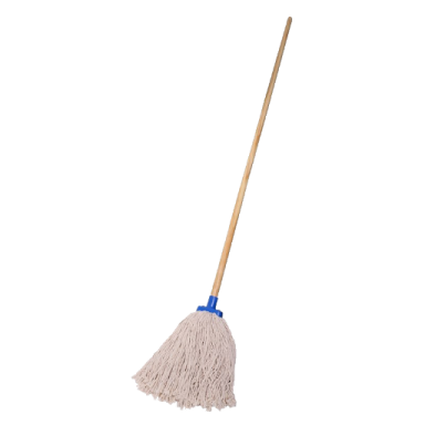 a white mop with blue handle and wooden handle