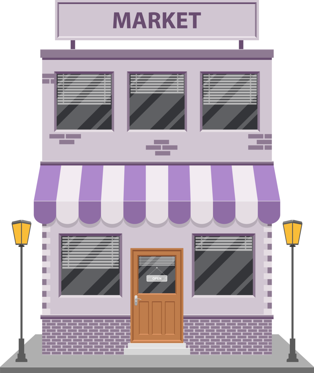 a purple and white building with a sign that says market