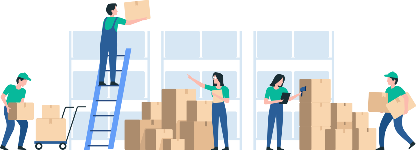 a group of people moving boxes in a warehouse